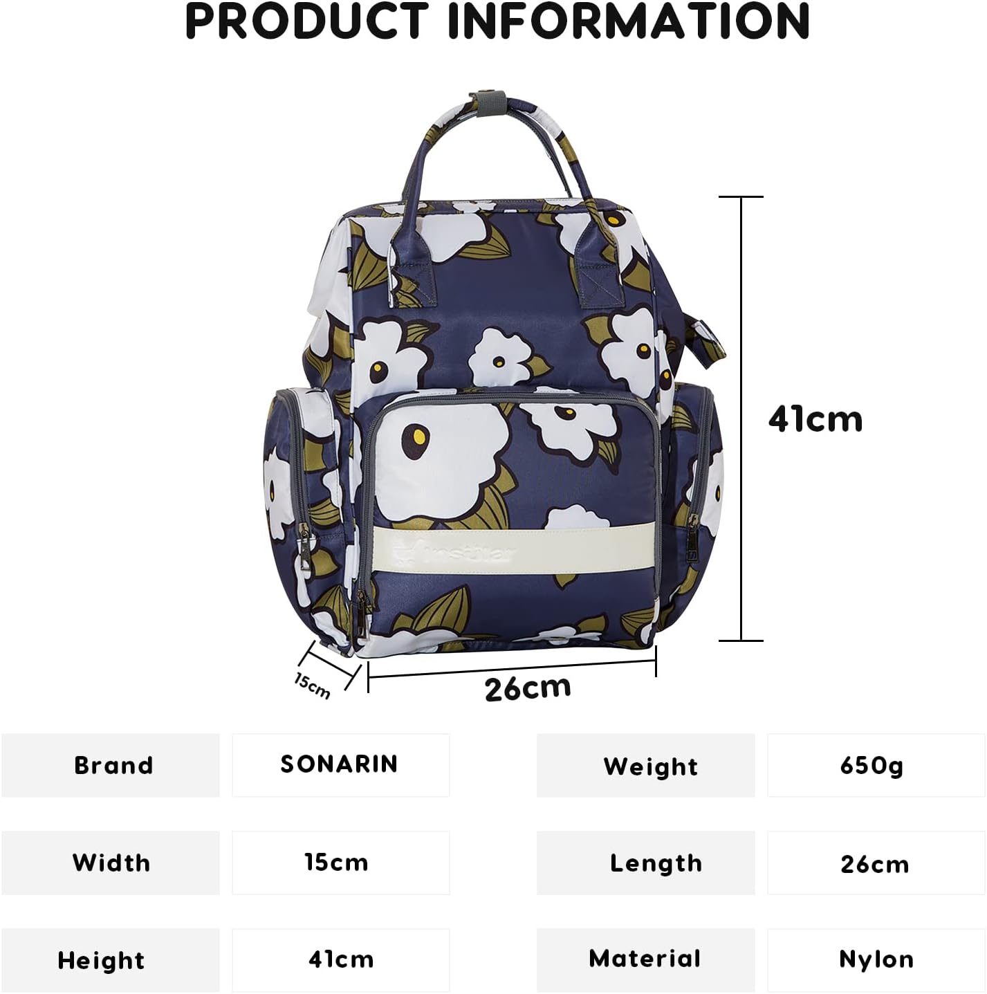 Multifunctional Waterproof Diaper Bag Backpack Nappy Changing Bag Mummy Bag with Changing Mat & Stroller Straps(Flowers)