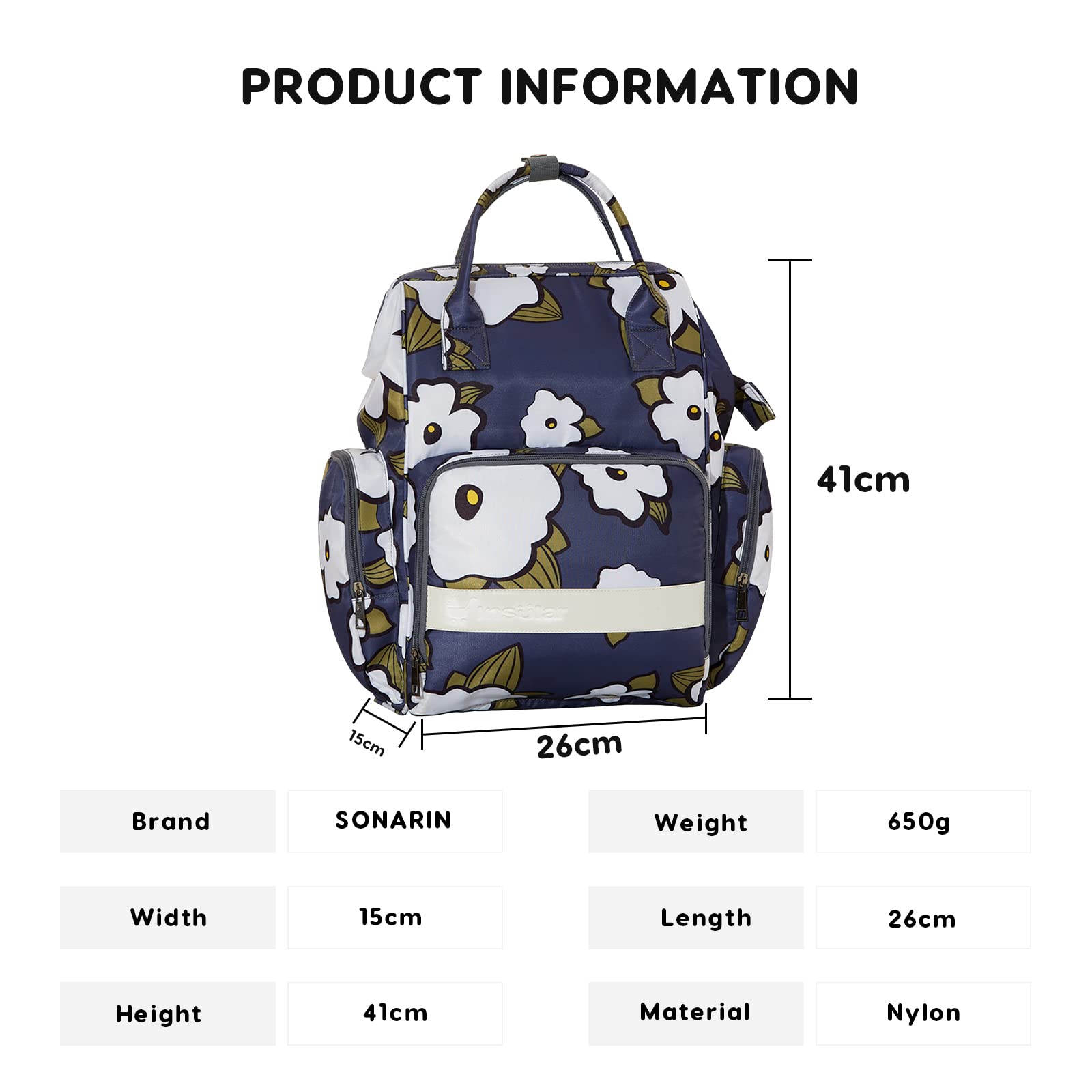 SONARIN Multifunzionale Impermeabile Zaino Fasciatoio,Grande Capacità Borsa per Pannolini Zaino Mamma Neonato Viaggio Borsa Fasciatoio con Fasciatoio & Ganci per Passeggino(Fiori)