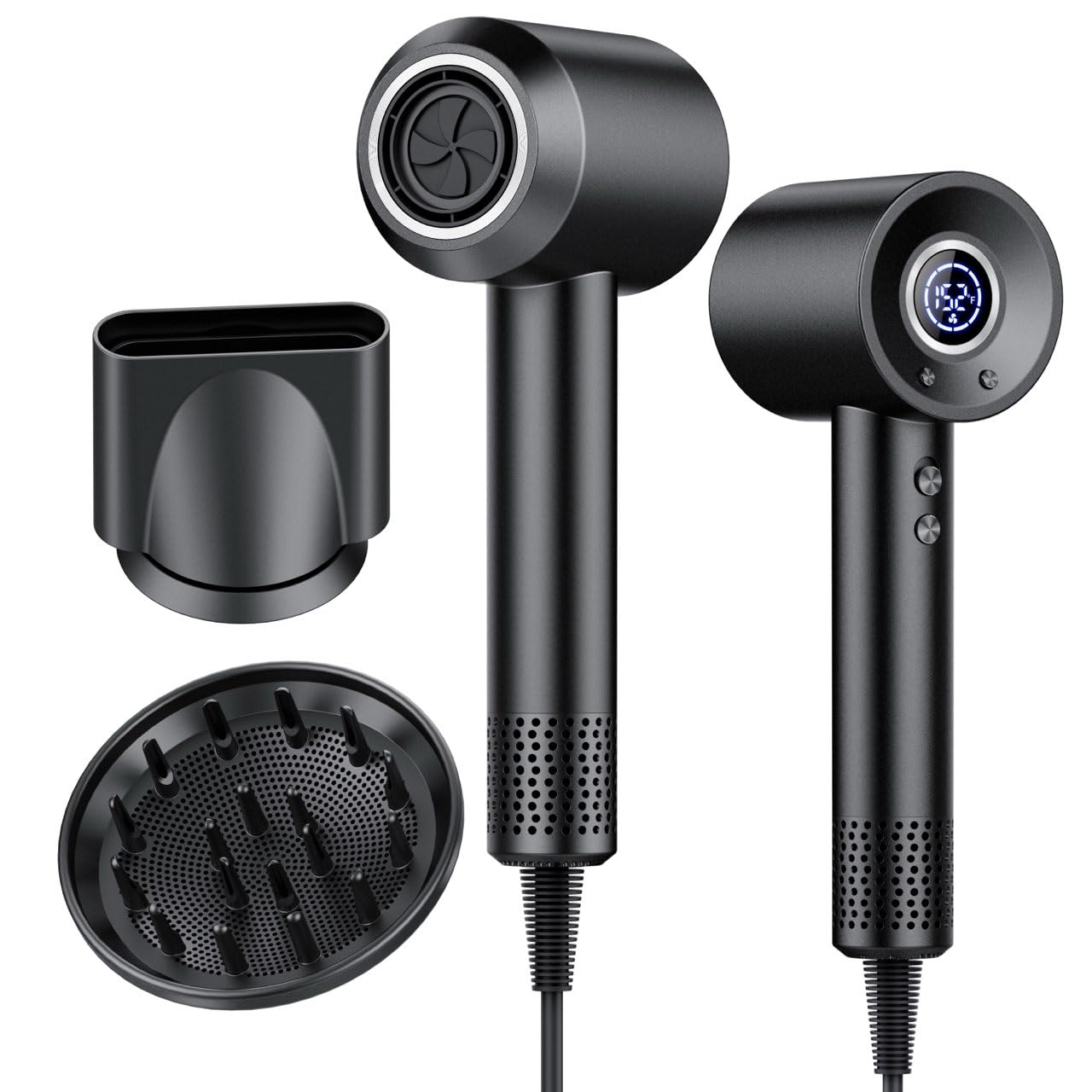 Hair Dryer, 180,000 RPM High-Speed Ionic Blow Dryer with Brushless Motor, 500 Million Negative Ions, LED Display, Low-Noise Professional Hairdryer for Fast Drying, Magnetic Diffuser for Home & Travel