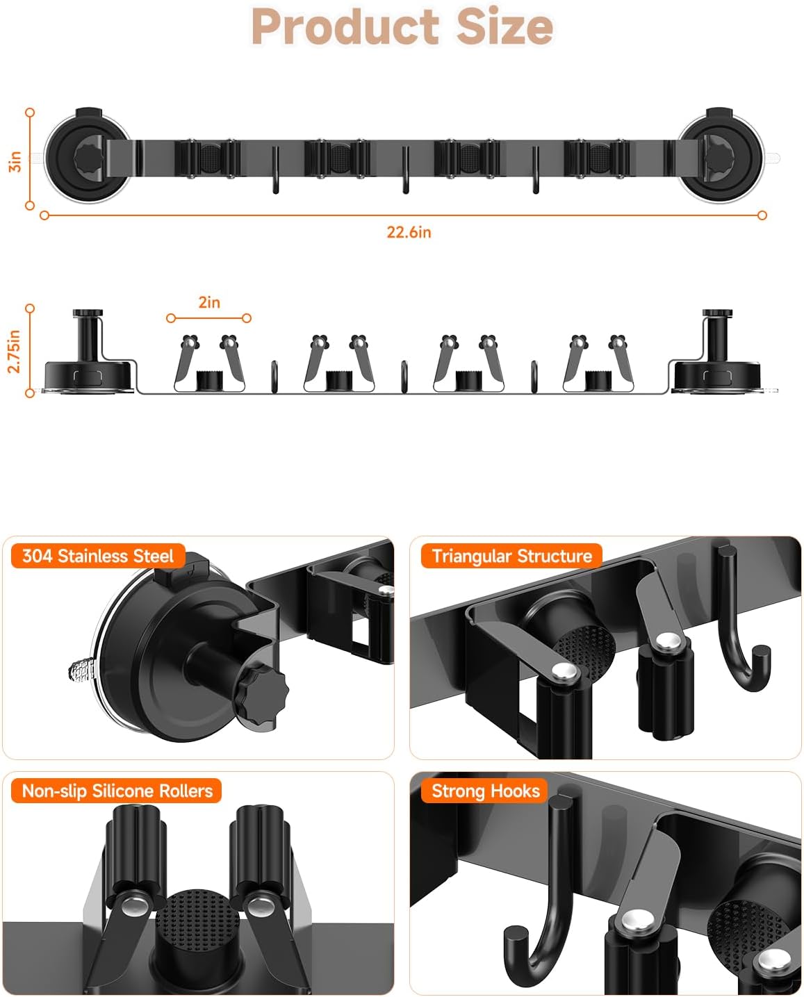 2026 Upgrade Broom Holder Wall Mount with Suction Cup, Broom and Mop Organizer Wall Hanging with 4 Racks & 3 Hooks, Removable and Reusable, Mop and Broom Hanger for Home Kitchen Laundry