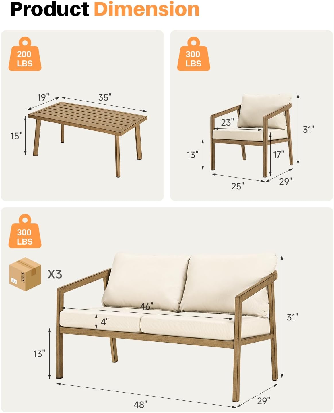 4 Pieces Outdoor Sofa Set, Never-Rust Aluminum Patio Conversation Set with Removable Cushions, Patio Furniture Set with Patio Loveseat, 2 Sofa Armchairs and Coffee Table for Pool, Deck, Teak