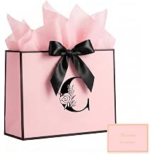 JEKUGOT Alphabet Birthday Gift Bag, Personalized Initial Large Gift Bags with Card and Tissue Paper, Pink Bow Gifts Bag for Birthday Party, Wedding, Graduation, Letter C