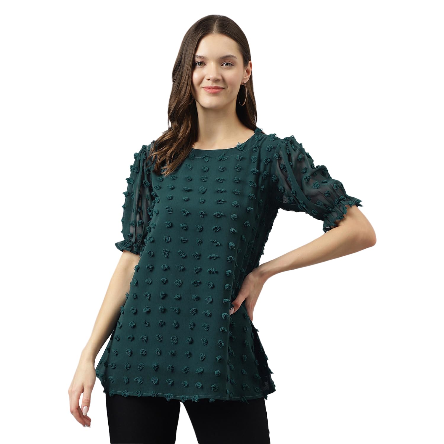 keri perry Women's Dobby Pattern Western Georgette Top (Sea Green) Tops for Women, Puff Sleeve Tops-picture-50