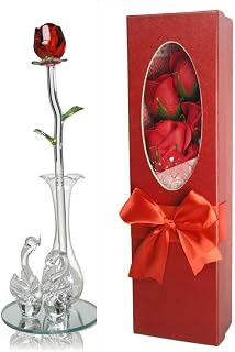 BANBERRY DESIGNS Red Rose in Swan Vase with a Box of Long Steam Roses - Affordable Birthday, Christmas, Valentine's Day Gift Set - 8" H