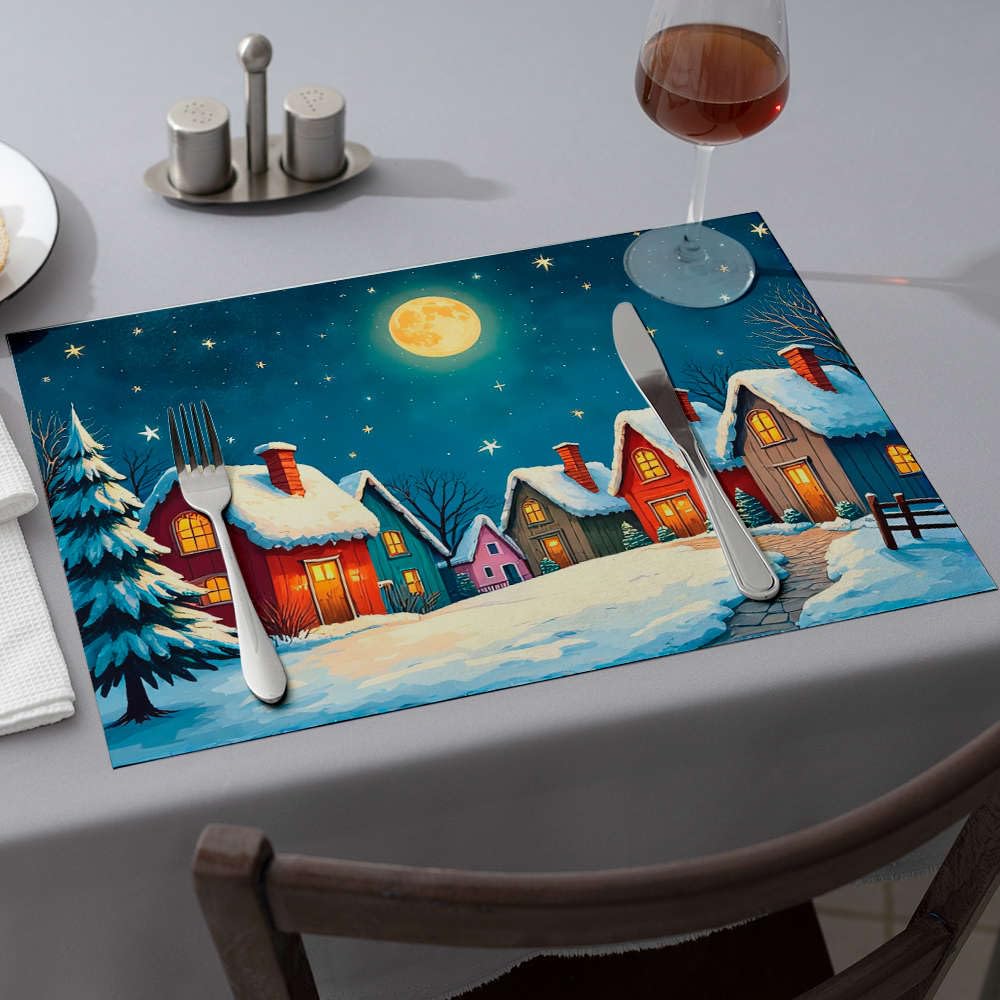 Set de table en silicone rose pour un dîner chaleureux sous un décor de village d'hiver
