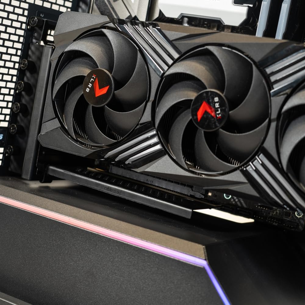 Graphics card installed vertically in a PC case using the CableMod bracket