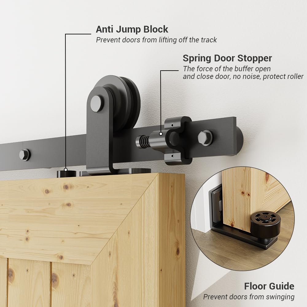 TSMST 6.6FT/200CM Binario per Porta Scorrevole, Nero e Rustico Kit Accessori con Guida a Pavimento Regolabile