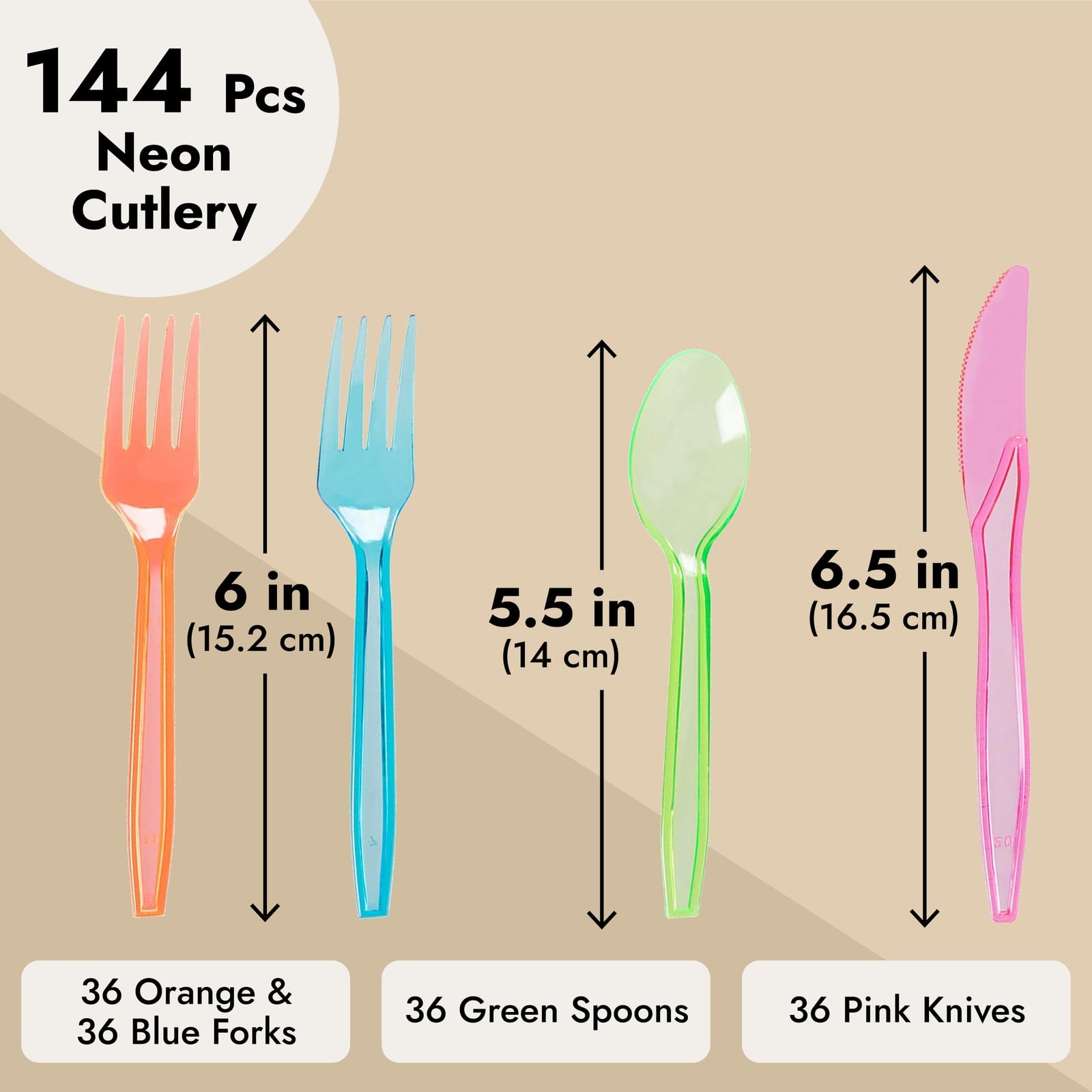 Juvale Rainbow Plastic Silverware Set - 144 Pieces, 6"/6.5"/5.5" Neon Forks, Knives & Spoons - Disposable Tableware & Party Utensils - Colorful Plastic Cutlery for Bachelorette Party Decorations