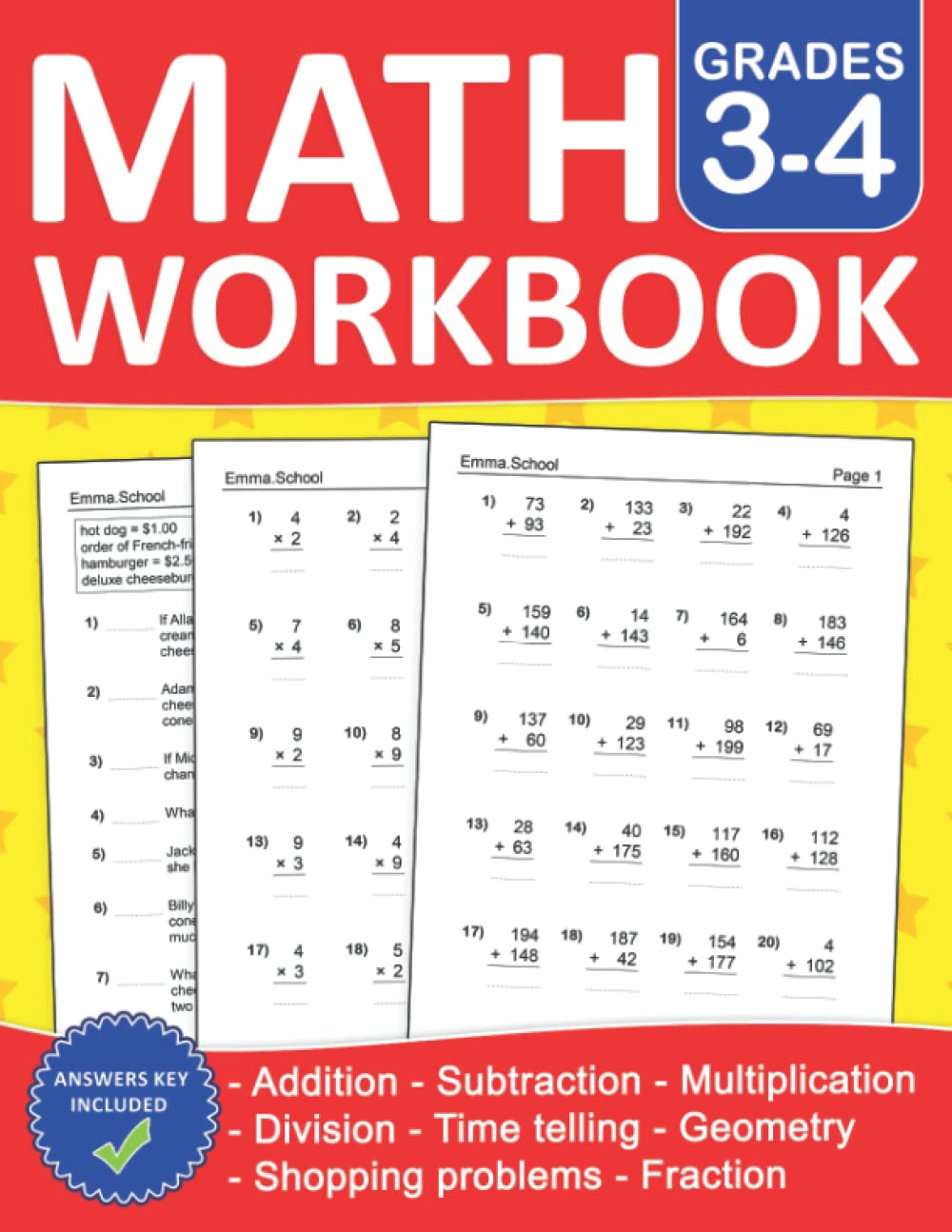 Math Workbook For Grades 3-4 With Addition,Subtraction,Multiplication,Division exercises,Time & Money,Geometry,Fraction and More With Answers: 3rd and ... Ages 8-10 | Math Worksheets For Grades 3-4