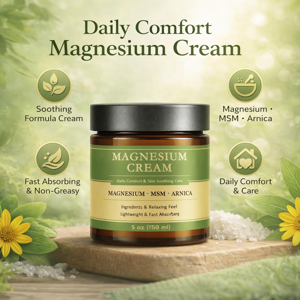 Magnesium Cream for Daily Comfort, Fast-Absorbing Soothing Formula with MSM & Arnica, Non-Greasy Skin Cream for Muscle & Nerve Support, 5 Fl Oz