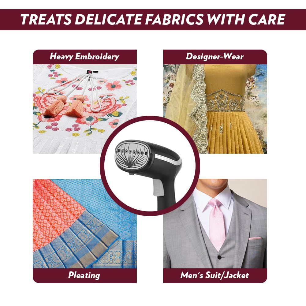 Collage showing various delicate fabrics and garments such as heavy embroidery, designer-wear, pleating, and men's suits/jackets, indicating the steamer's suitability for these items.