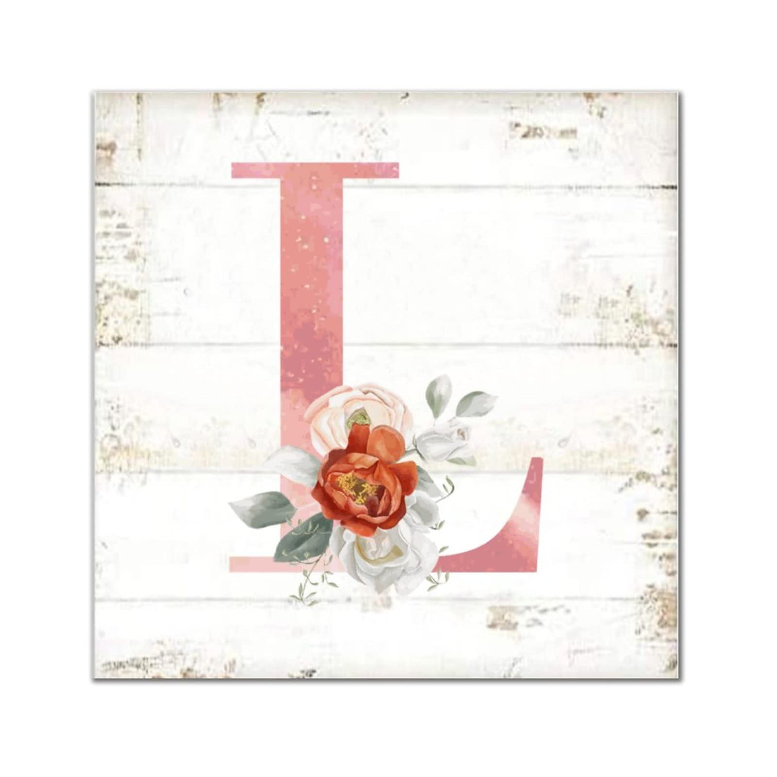 Lettre L en bois aquarelle fleur rose 30cm pour deco murale vintage
