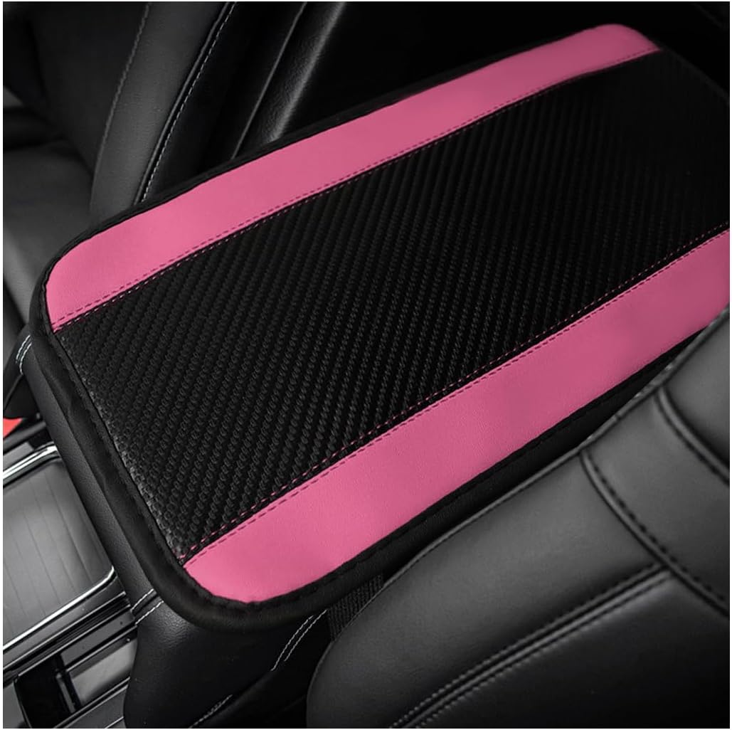 povtii Car Center Console Pad, PU Leather Auto Armrest Seat Box Cover Protector, Comfortable Arm Rest Storage Box Mat for Vehicle Interior Protection, Universal Car Accessories (Carbon Fiber Pink)