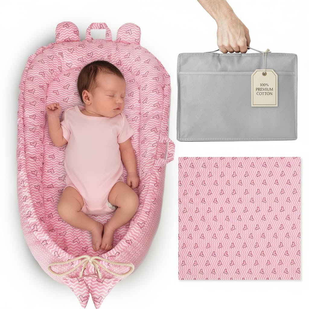 Nido Bebé Recién Nacido 90x50 cm - Reductor Cuna Bebe - Cama Portátil o de Viaje - Cuna Colecho Algodón 100% Lavable - Muselina Incluida Regalo Ideal (Corazón Rosa)