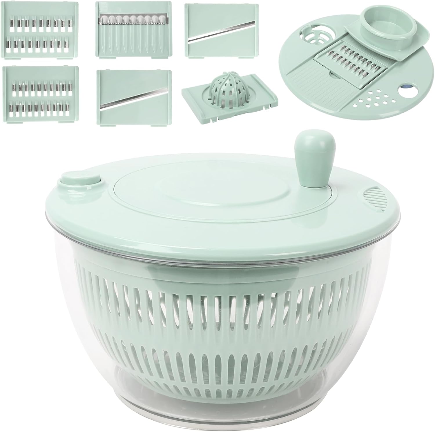 Salad Spinner, 5.3 QT Lettuce Spinner, Fruit Cleaner Spinner with Strainer | Fruit Washing Bowl with Strainer, Fruit Washer Spinner Bowl, Vegetable Spinner with 5 Blades Slicer