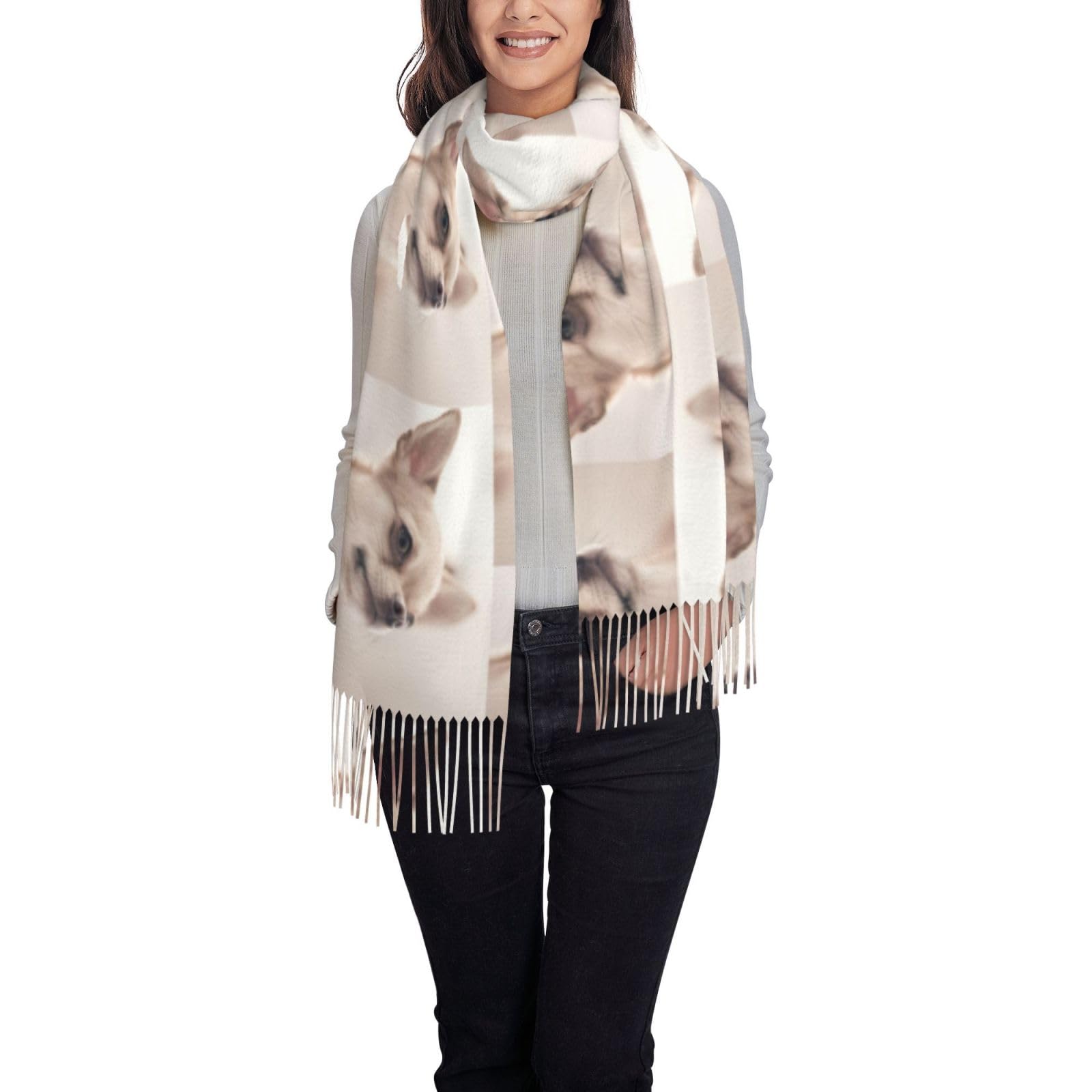Cute Chihuahua Printing Cashmere Like Tassel Scarf For Cool Seasons Soft With Fashion