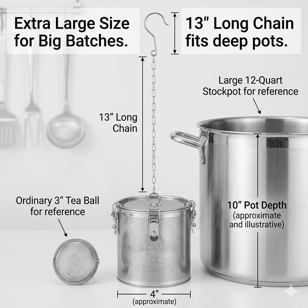 Seasoning Strainer, Extra Large Spice Infuser for Cooking Soup, 5.9" Stainless Steel Mesh Tea Ball Strainer with Long Chain, Fine Seasoning Filter Basket for Brine, Herbs, Stews & Bulk Loose Leaf