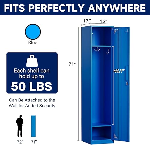 Miniatura 3 de Yizosh Armario de metal con 1 puerta, armarios altos de acero para empleados, armarios de almacenamiento de casilleros de 71 pulgadas para escuela,