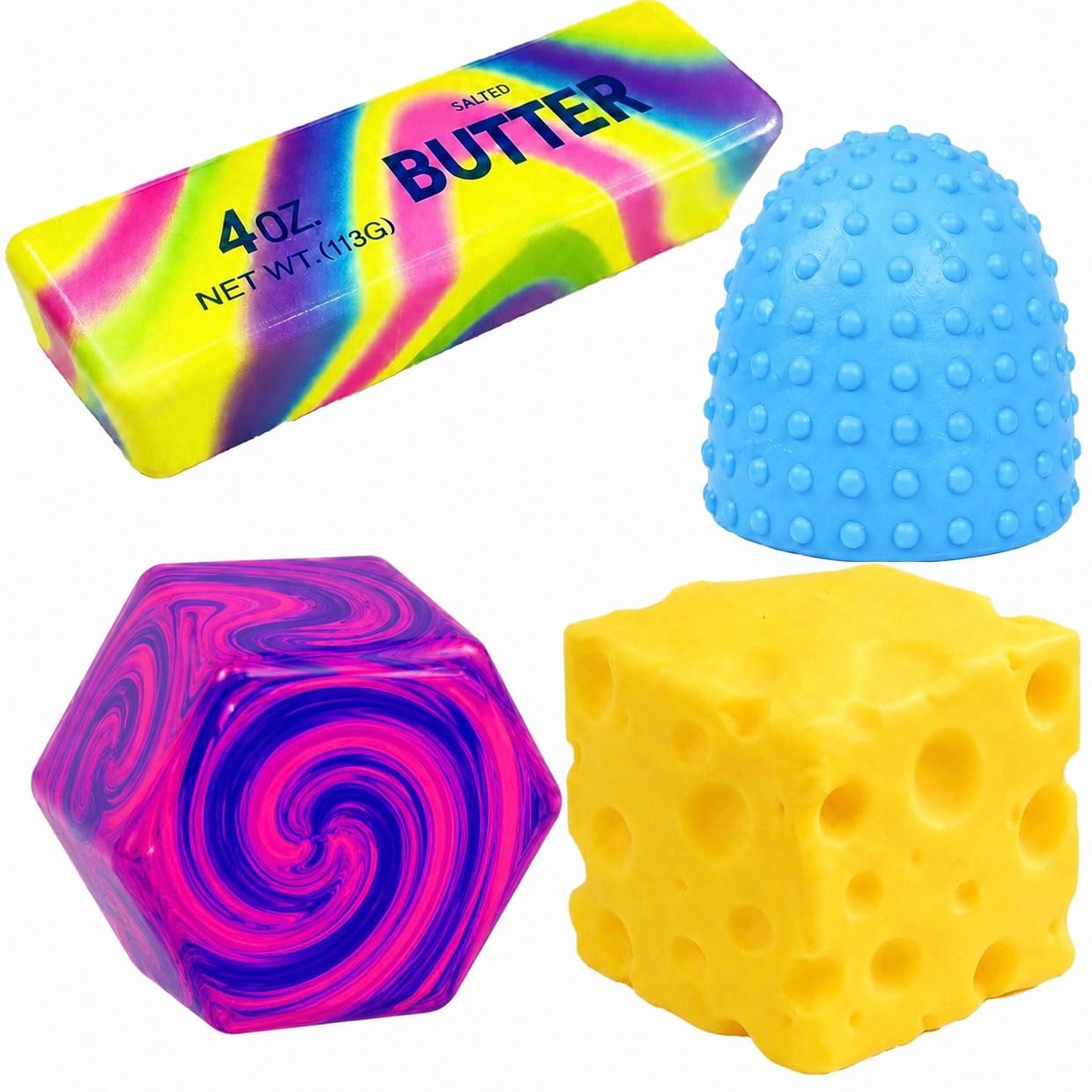 4 PCS Squishy Pack Rainbow Butter, Cheese, Colourful Dice. Soft Stress & Anxiety Relief Fidget Toys Gift Set