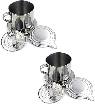 2Pcs Silver Vietnamese Coffee Filter Stainless Steel Pot Drip Infuse Cup Brewing Teapot No Need Paper Drip Coffee Pot Machine Filter for Home Kitchen Office Outdoor