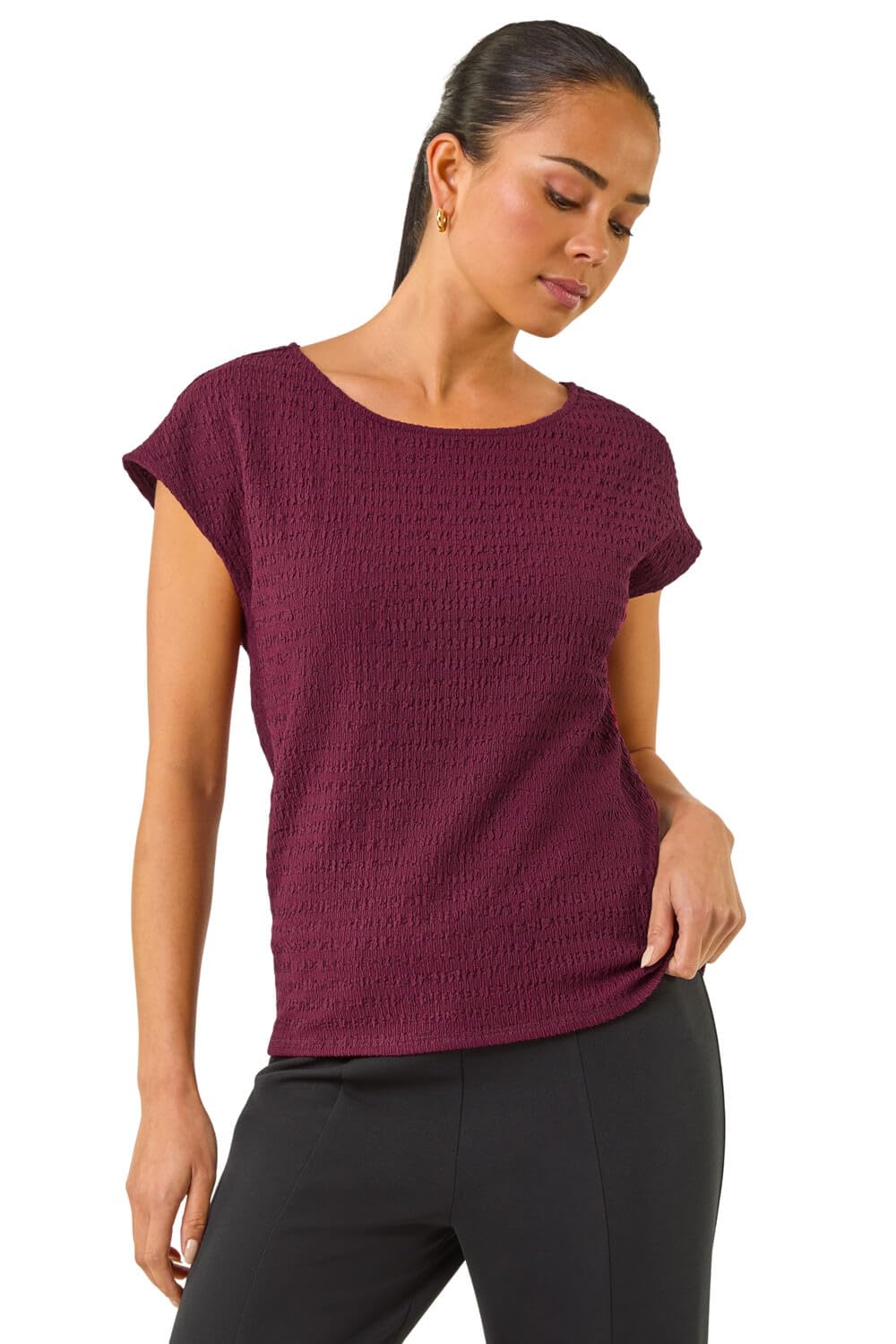Roman Originals Women's Petite Wine Roman Petite Textured Stretch Top For Uk - Everyday Autumn Winter Round Neckline Comfy Soft Evening Vacation Work Party Night Out - Size 16