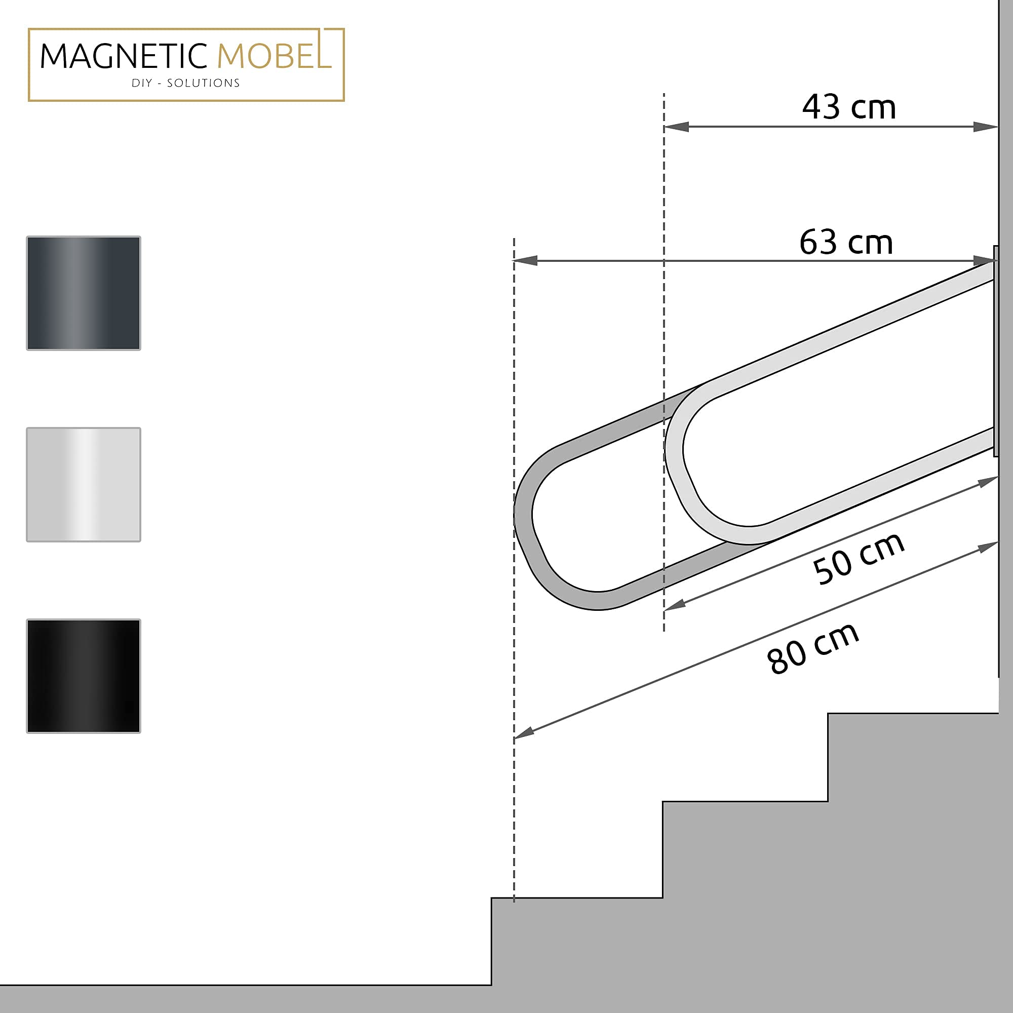 Metall-Handlauf Handlaufbügel Haltebügel Treppenbügel Haltegriff Stützgriff - für Treppen Treppenhaus Treppengeländer Eingang Pool Haus Garten (Länge - 80 cm, Schwarz)