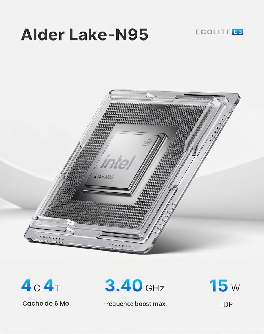 BOSGAME E3 Neo Windows 11 Pro Business Mini PC Intel N95, 4 cœurs, 4 Threads, jusqu'à 3,4 GHz, 16 Go DDR4 RAM, SSD 512 Go, Triple écran 4K @ 60 Hz, HDMI, Type-C, USB3.2, LAN, BT 5.0, Wi-FI 5