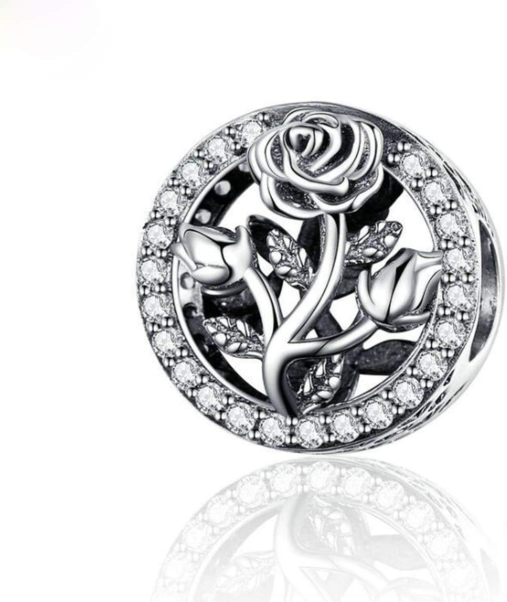 ZINUOCharm Beads 925 Sterling Silver Rose Charms for Pandora Bracelet, Love Charm to for Pandora Style Bracelets Murano Glass Beads for Womens (Rose Silver)