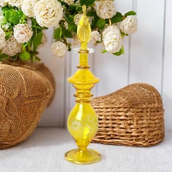 Yellow Glass Fragrance Decant Bottles | Egyptian Blown Glass Perfume Bottles Engraved Ornaments | Decorative Refillable Glass Perfume Bottle with Stopper | Handmade Glass Essential Oil Bottles Mini