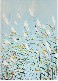 KUUFUUT Handgemaltes Ölgemälde „Küsten-Schilfgras“ Weißes Pampasgras Vor Blauem Himmel Strukturierte Leinwand Botanisches Kunstwerk für Neutrale Heim- und Bürodekoration 150 X 220 Cm (60 X 88 Zoll)
