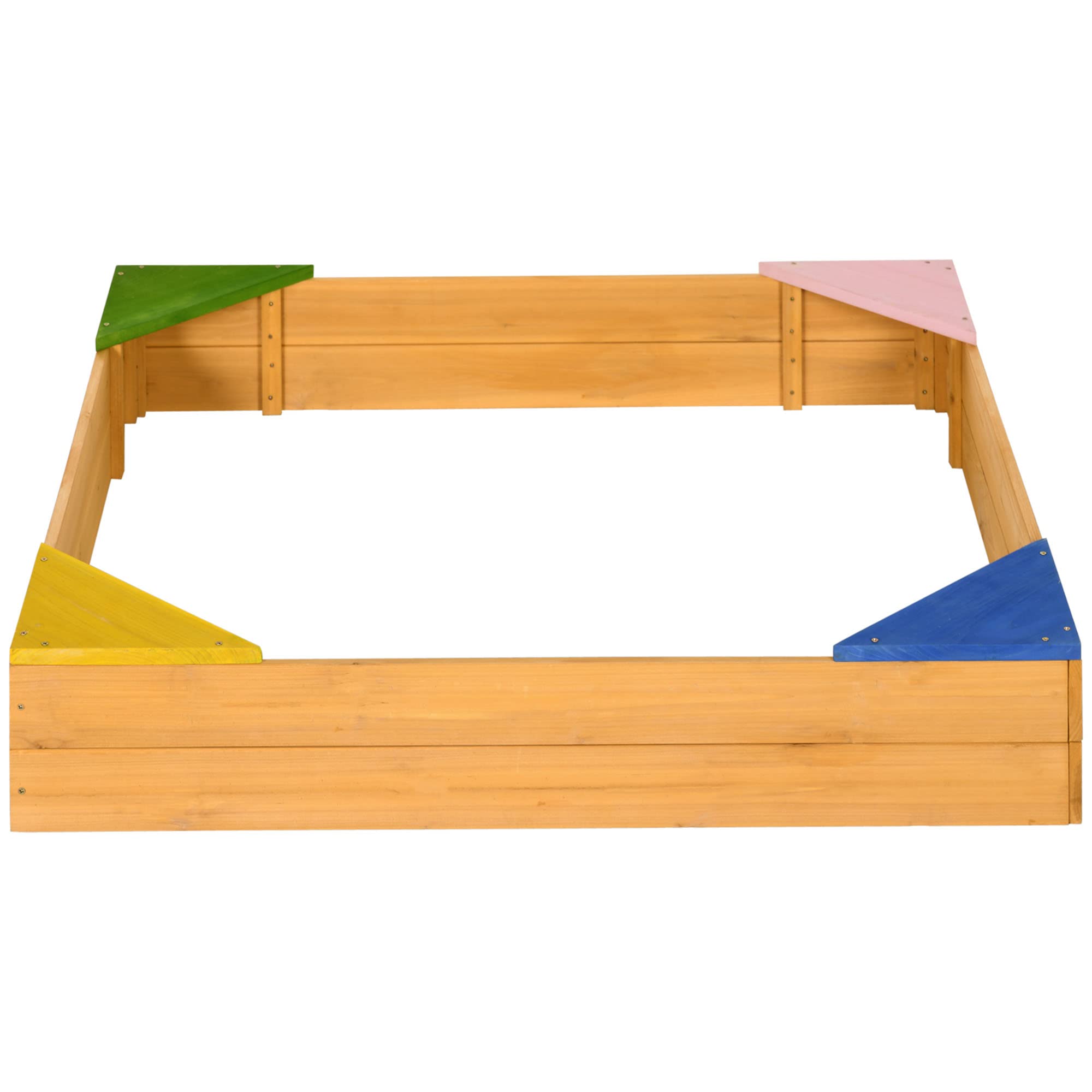 Outsunny Bac à Sable carré en Bois pour Enfants 109 x 109 x 19,8 cm | 4 sièges d'angle, film protecteur, bois naturel