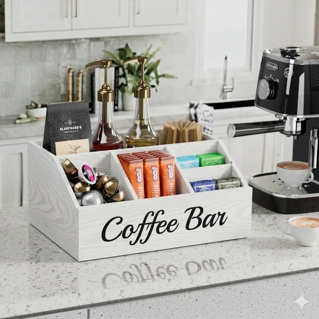 Coffee Station Organizer for Countertop – Wooden Coffee Bar Organizer with Adjustable Dividers,Holds K Cup Pod & syrup bottles, for Kitchen, Office, or Bar and Tea Station, White image 3