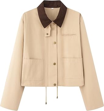 Wanzetaly Womens Oversized Cropped Jacket Contrast Corduroy Collar Trendy Barn Jacket with Pockets