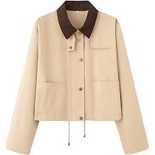 Wanzetaly Womens Oversized Cropped Jacket Contrast Corduroy Collar Trendy Barn Jacket with Pockets