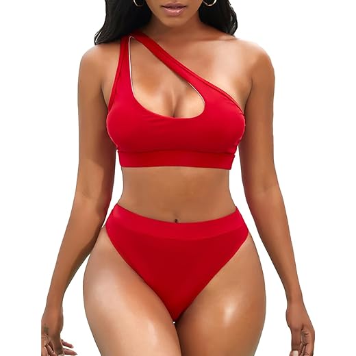 NAFLEAP Women's One Shoulder Sport Bikini Set High Waisted Cutout Swimsuit Crop Top Bathing Suit, Red, L