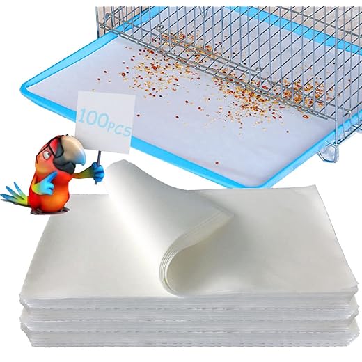 Firdnyohs 100PCS Bird Cage Liner Papers, Disposable Cage Paper Liners Precut Absorbent Cushion Pad Mat Accessories for Pet Bird Parrot (White)