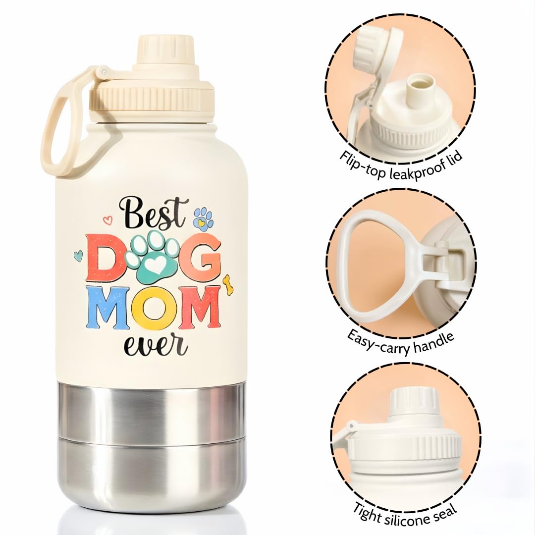 Dog Mom - Borraccia in acciaio inox con ciotole staccabili, per la festa della mamma, per passeggiate ed escursioni