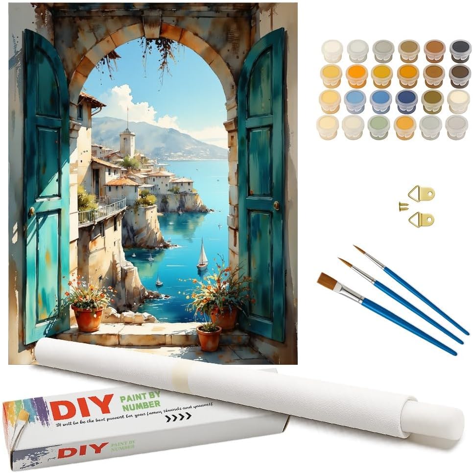 Seaside Arch View Paint by Numbers Kit for Adults - DIY Coastal Town Through Arch Window Painting on Canvas, Acrylic Paint Set for Beginners, Art for Home Decoration or Gifts(16X20IN Framed)