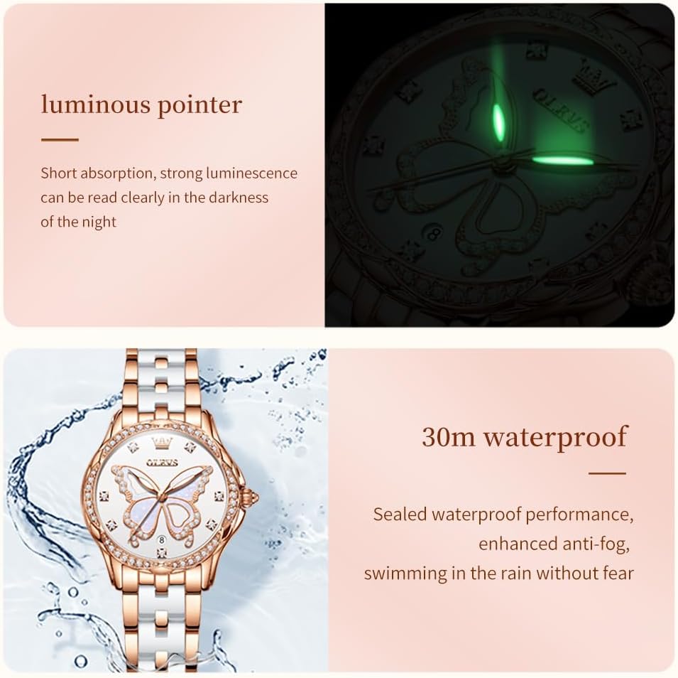 OLEVS Watches for Women Rose Gold Two Tone Fashion White Ceramic Ladies Wrist Watches Pink/Red Dial Stainless Steel Waterproof Date - Image 6