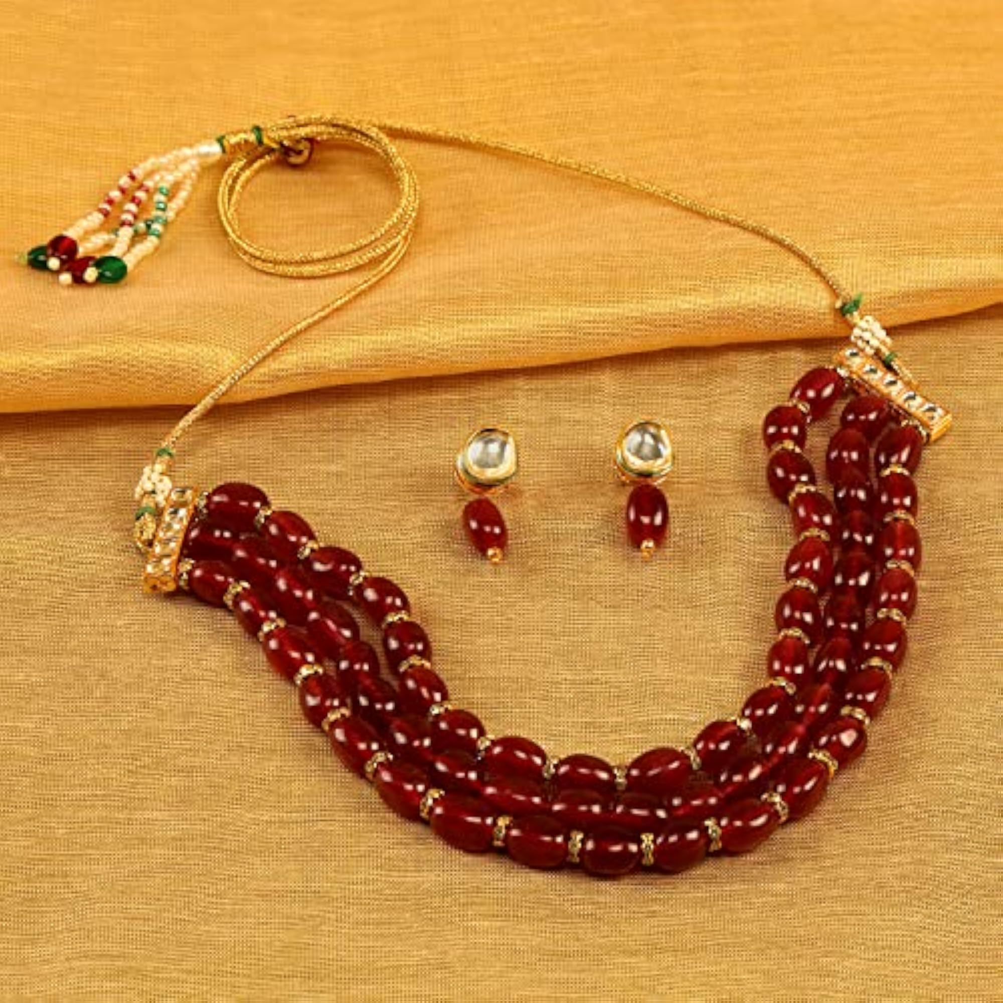 Women's Statement Beads Choker Necklace & Delicate Kundan Earrings Set, Gift-Ready
