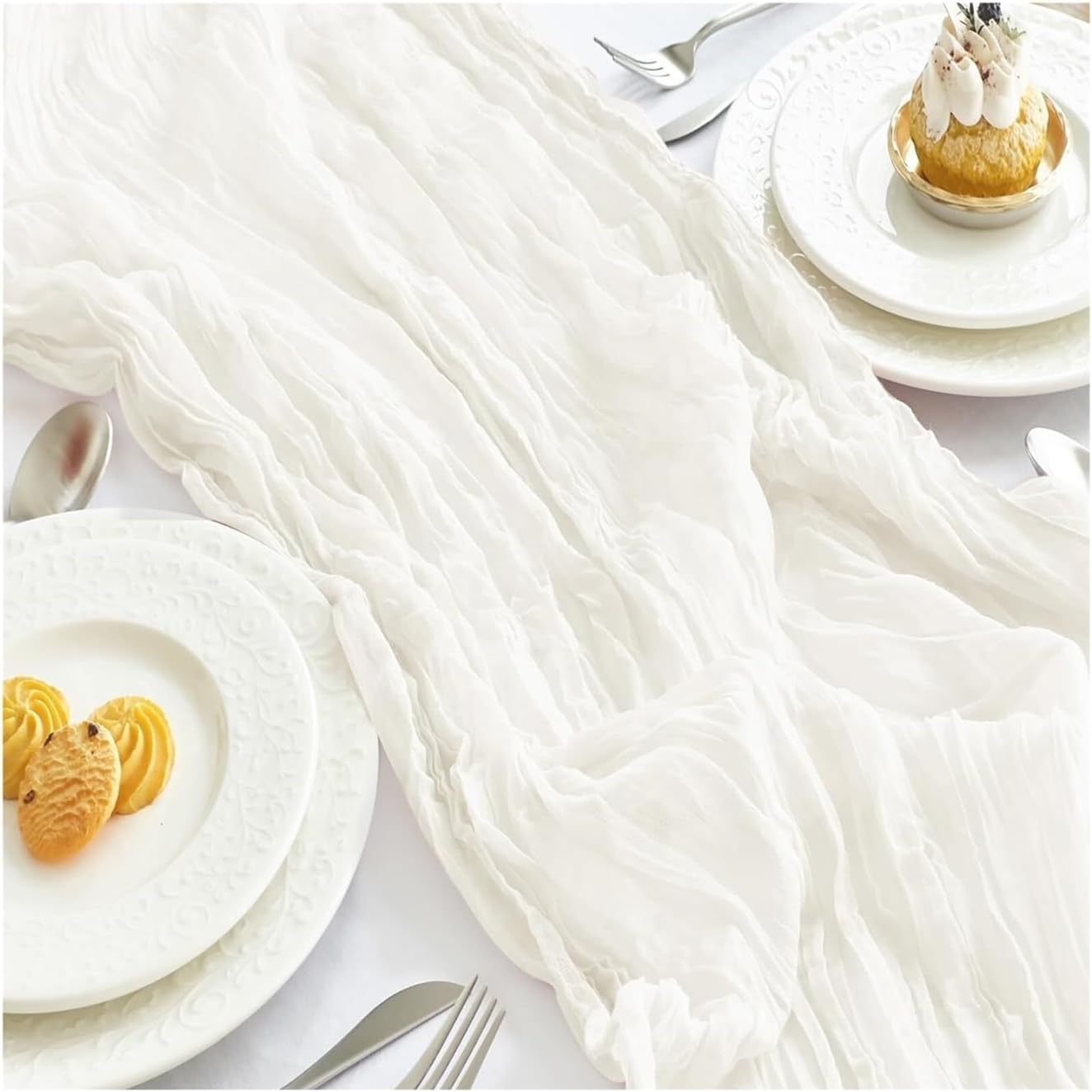 Table Runner for Home Decor Semi-Sheer Wedding Table Runner Cheesecloth Setting Dining Party Arches Cake Decor(White,90x180cm)
