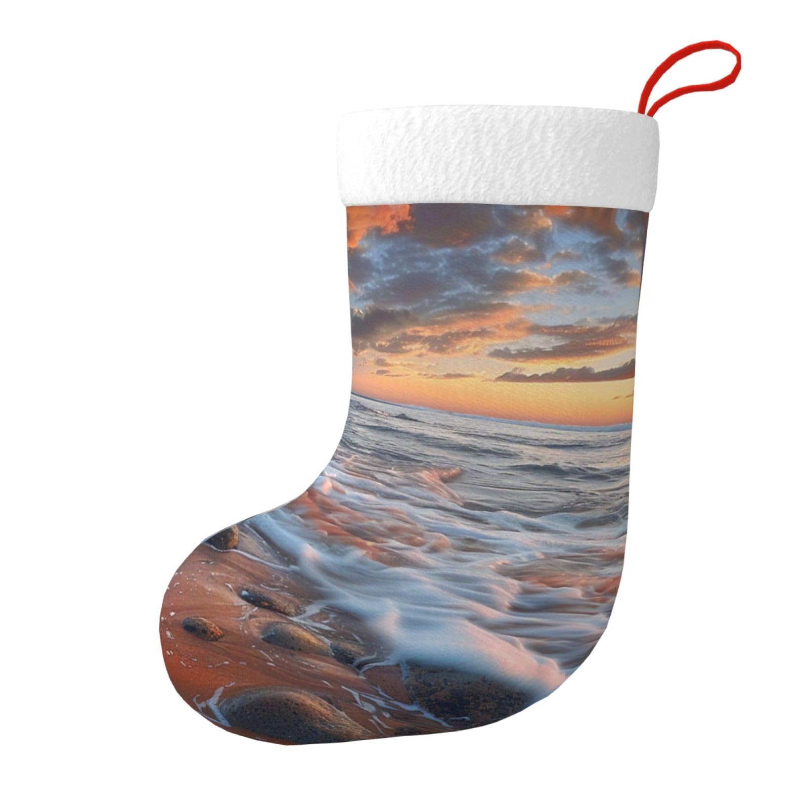 Beach Maui Hawaii Sunset Sea Waves Clouds Print Christmas Stocking, 28x45cm Holiday Hanging Stockings for Fireplace, Tree Decorations, Gift Giving, and Party Festive Decor