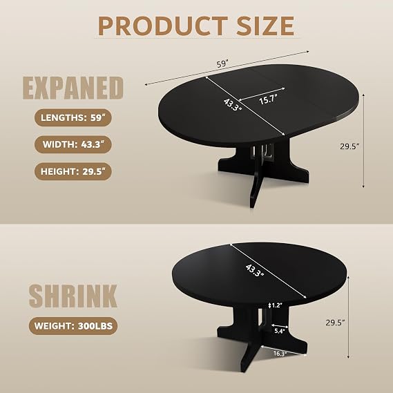 iPormis 59 Extendable Round Dining Table for 4-6, Modern Kitchen Table with Heavy Duty Pedestal Base & Wooden Top, Oval Dinner Table, Dining Room for Dining Living Room, Easy Assembly, Black