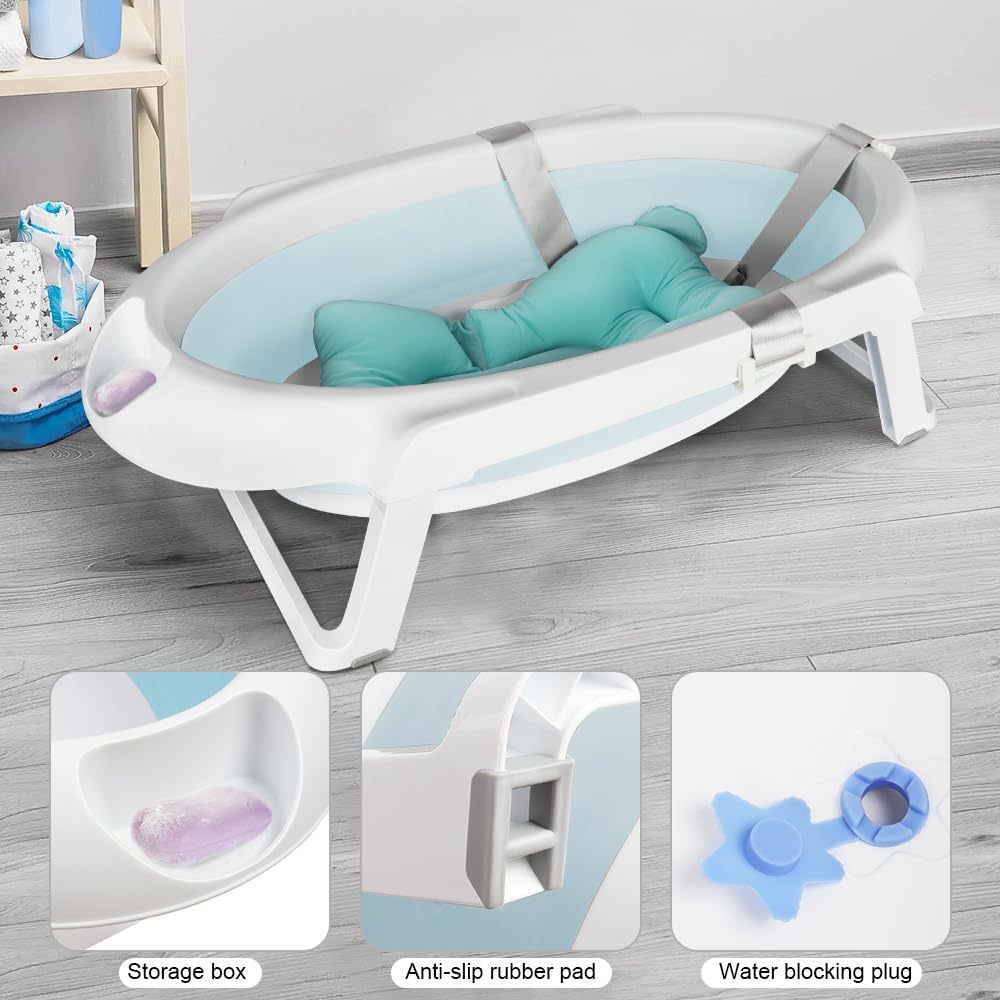 Bañera plegable para bebé con soporte, ergonómica con cojín, diseño blanco y rosa, drenaje integrado (verde)
