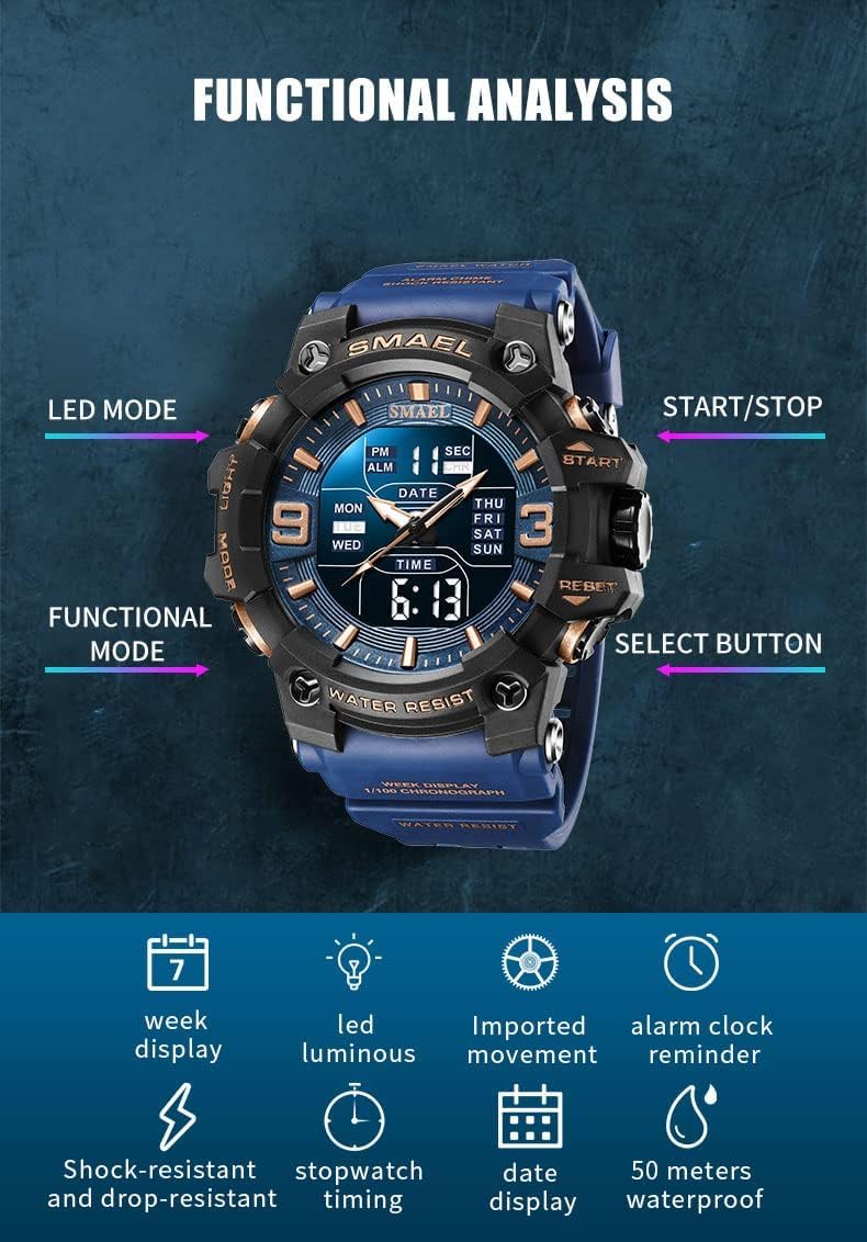 Diagram showing the Gosasa 8049 watch with labels for each button: Light, Mode, Start/Stop, Reset.