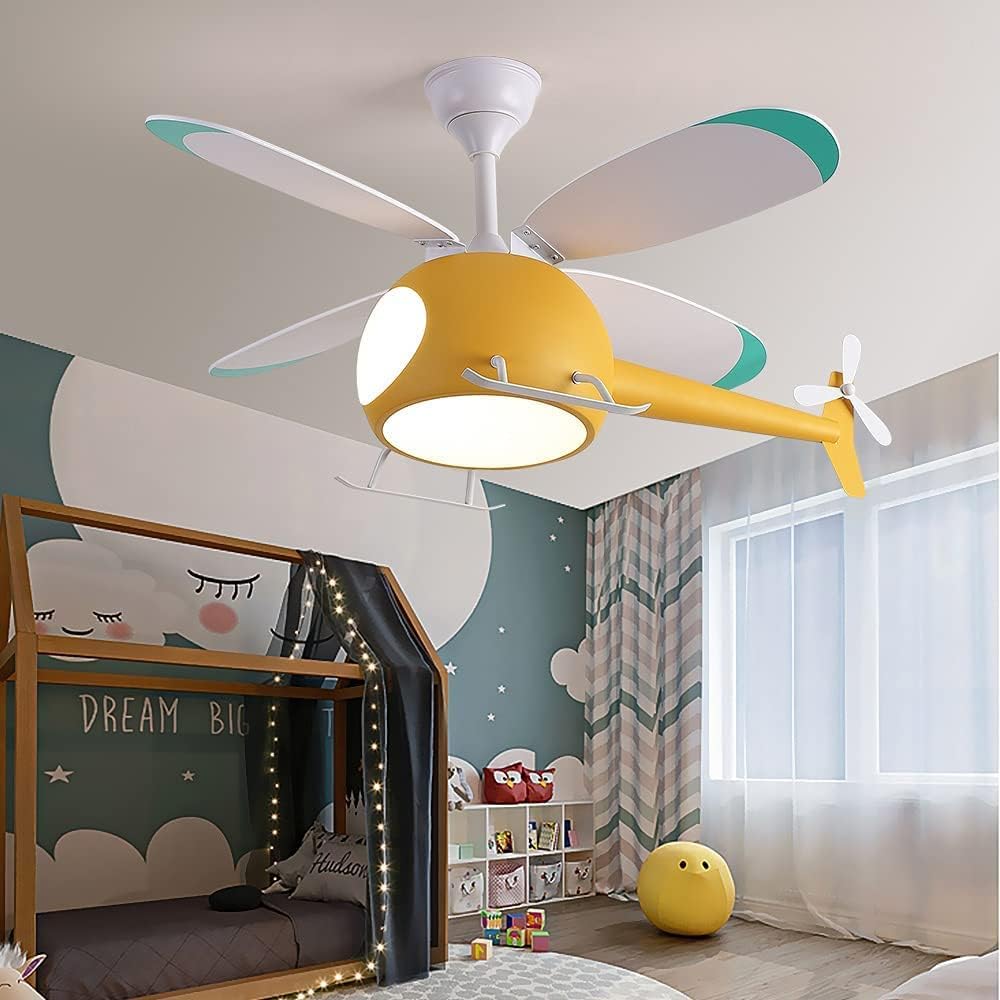 Kids Ceiling Fan with Lights for Bedroom, Interior Decor Helicopter Ceiling Fan Gifts for Kids - Modern LED Multi Speed Timing with Reversible Motor, Remote Control Dimming (Yellow) 40W
