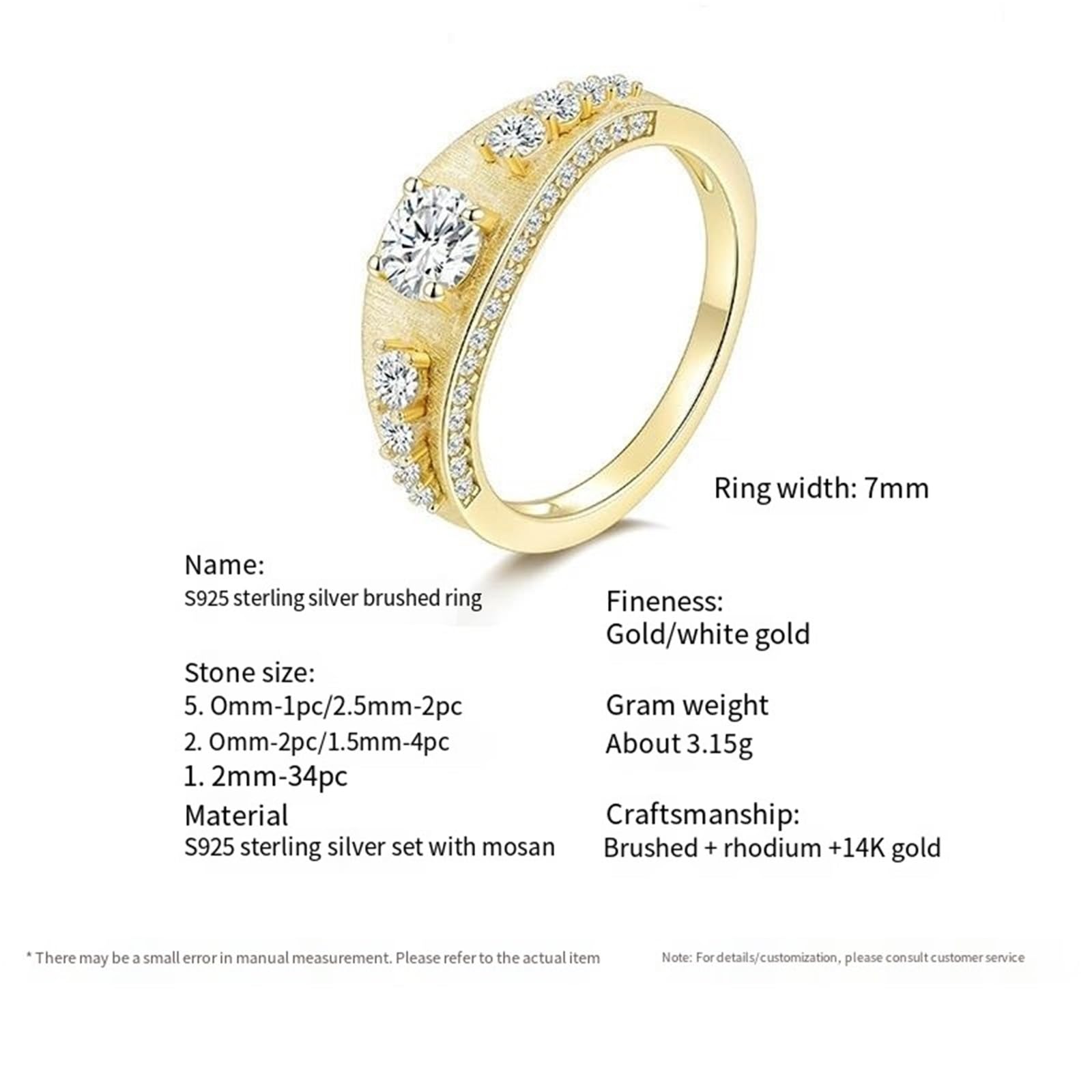 Uniseks S925 Sterling Silver Okrągły Moissanite Naprzemienny Szczotkowany Pierścień