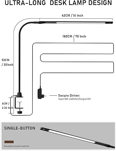 Miniatura 5 de deeloop CRI - Lámpara LED de escritorio 95+, lámpara de escritorio ultra larga y brillante de 16 pulgadas, 5 luces de atenuación de brillo, lámpara
