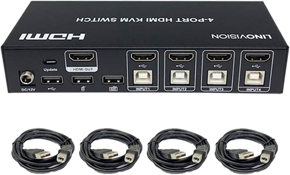 LINOVISION 4 Port HDMI KVM Switch, 4K@30Hz Input with 4 USB2.0 Hub. Full Metal Housing. Hotkey Switch. Using One Set of HDMI Monitor, Keyboard and Mouse to Control 4 PC/DVR/NVR/PS3/PS4.4 in 1 Out