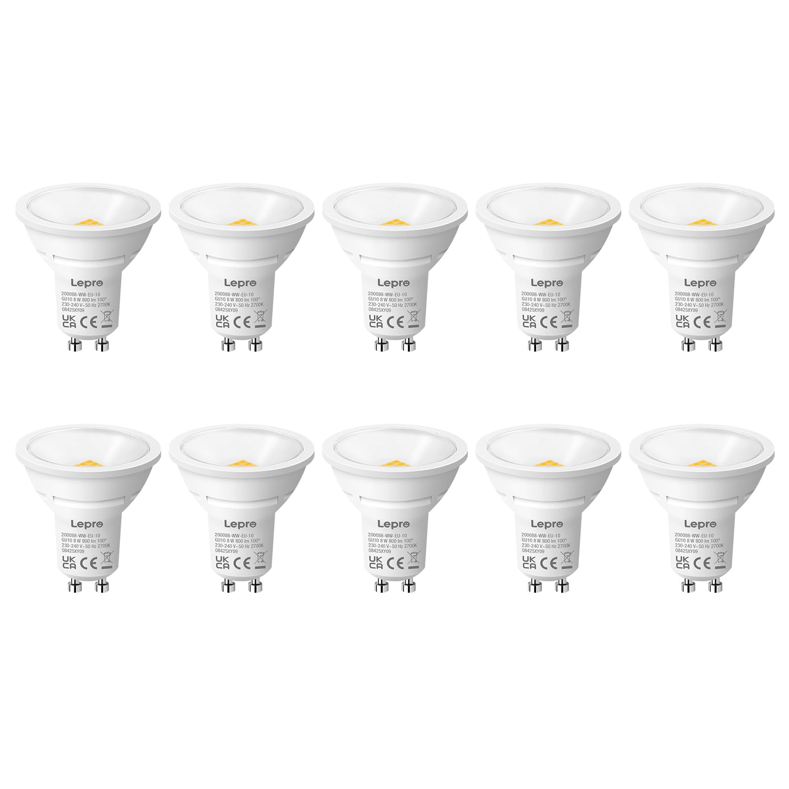 Lepro GU10 LED Bulb 8W (Equivalent to 65W), 800lm, 2700K, Pack of 10 | Warm White LED Bulbs, 100° Beam Angle, Non-Dimmable, Long Lasting and Low Consumption for Indoor Lighting